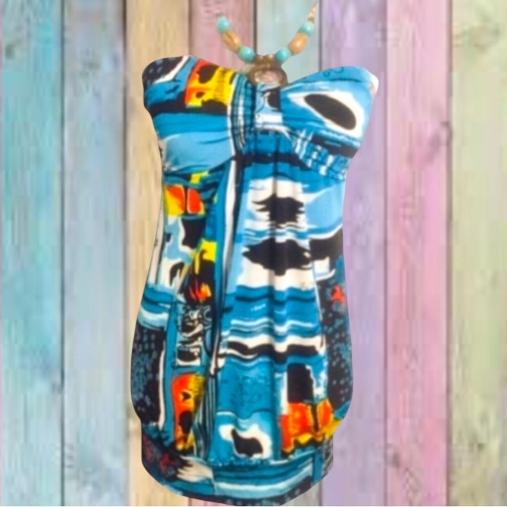 Dots Blue Multicolor Print Halter With Wooden Beads Tie Top NWT